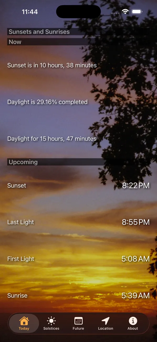 Sunset and Sunrise Times main screen